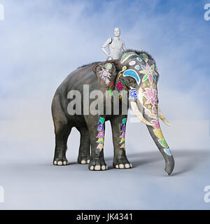 Robot man riding painted elephant Stock Photo