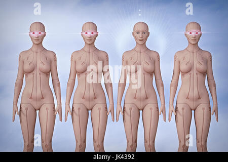 Surprised robot woman standing out from the crowd Stock Photo