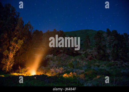 Campfire at night under starry sky Stock Photo