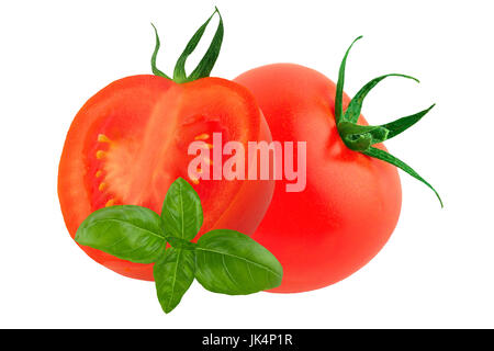 Isolated tomato. Two fresh tomatoes isolated on white backgdound as package design element.Natural food. Stock Photo