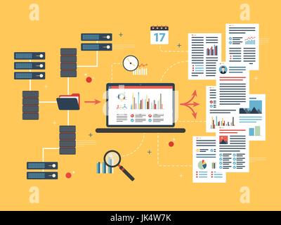 Laptop accessing server files in network and extract information. Concepts data mining or business intelligence processing for decision making. Flat v Stock Vector