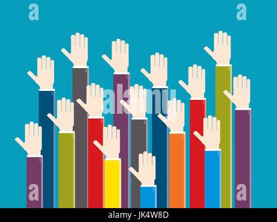 Hands raised in voting sign. Concept of meeting and opinion, volunteer, collaboration, vote and business. Design in Vector illustration. Stock Vector