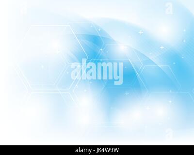 Abstract vector technology blue background with hexagons, lines, curves and other  shapes with elements in futuristic illustration. Stock Vector