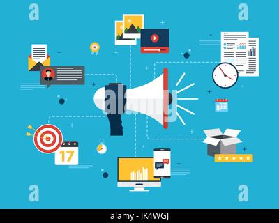 Advertising and marketing communication icons. Concepts for business marketing, analytics and strategy in social networks and social media. Flat desig Stock Vector