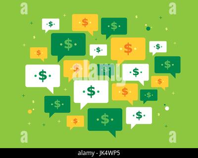 Set of speech bubbles and currency symbol on green background in vector illustration. Concept of investing, success, business, communication, rate, tr Stock Vector