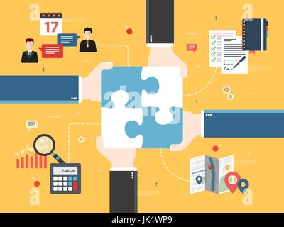 Hands holding puzzle pieces and icons business, finance, location. Concept of teamwork, cooperation, partnership, success, team, business, finance and Stock Vector