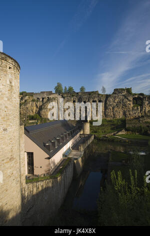 Luxembourg, Luxembourg City, View of Casemates du Bock, fortress built into rock wall, Stock Photo