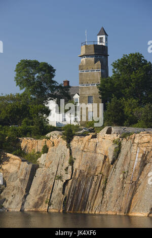 USA, Massachusetts, Cape Ann, Rockport, Halibut Point State Park, WW2 submarine lookout tower and old granite quarry, Stock Photo