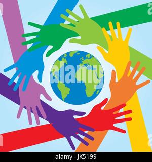 Human arms colorful holding hands around planet earth Stock Vector