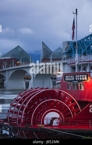 USA, Tennessee, Chattanooga, Delta Queen riverboat and Market Street bridge, dusk Stock Photo