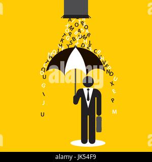 Protection with umbrella alphabet letters falling. Businessman icon. Stock Vector