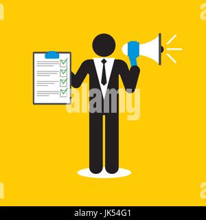 Businessman with megaphone and questionnaire with checklist Stock Vector