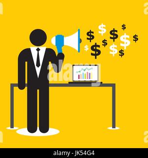 Businessman talking on the megaphone over money Stock Vector