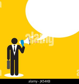 Businessman talking announcement by business in megaphone. Business concept in vector illustration. Stock Vector
