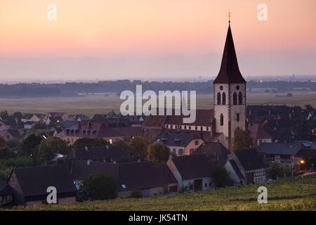 France, Haut-Rhin, Alsace Region, Alasatian Wine Route, Ammerschwihr, town view, dawn, autumn Stock Photo