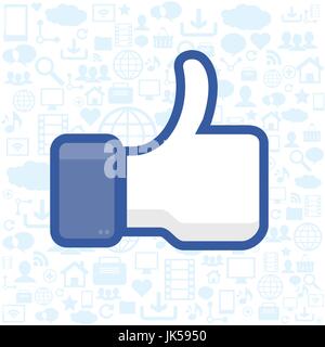 Satisfied icon hand, thumb up flat sign in background icons social media Stock Vector