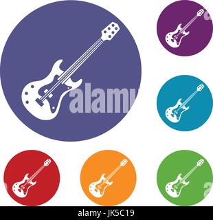 Classical electric guitar icons set in flat circle red, blue and green color for web Stock Vector