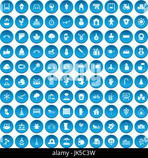 100 kindergarten icons set in blue circle isolated on white vector illustration Stock Vector