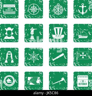 Columbus Day icons set in grunge style green isolated vector illustration Stock Vector