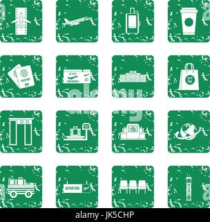 Airport icons set in grunge style green isolated vector illustration Stock Vector