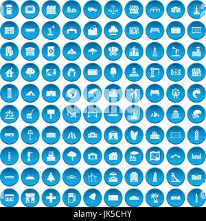 100 landscape element icons set in blue circle isolated on white vector illustration Stock Vector