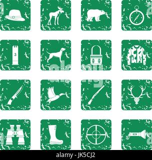 Hunting icons set in grunge style green isolated vector illustration Stock Vector