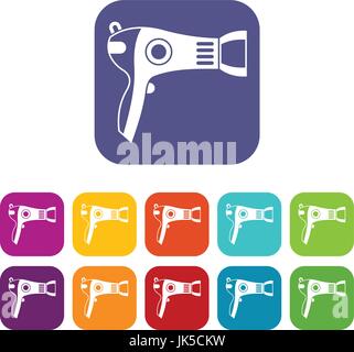 Hairdryer icons set vector illustration in flat style in colors red, blue, green, and other Stock Vector