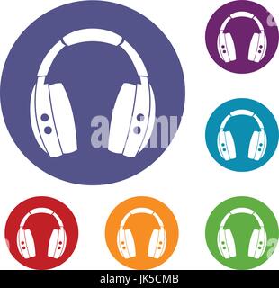 Headphones icons set in flat circle red, blue and green color for web Stock Vector