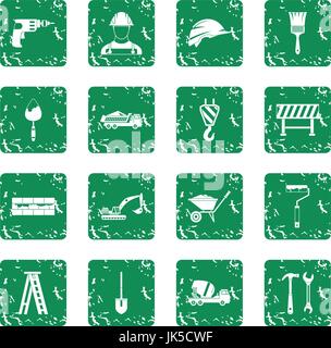Construction icons set in grunge style green isolated vector illustration Stock Vector