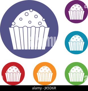 Cup cake icons set in flat circle red, blue and green color for web Stock Vector