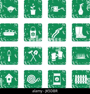Gardening icons set in grunge style green isolated vector illustration Stock Vector