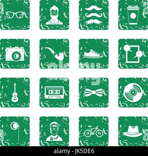 Hipster icons set in grunge style green isolated vector illustration Stock Vector
