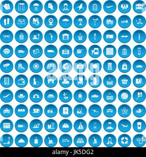 100 luggage icons set in blue circle isolated on white vector illustration Stock Vector