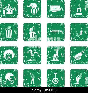 Circus entertainment icons set in grunge style green isolated vector illustration Stock Vector