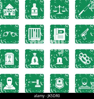 Crime and punishment icons set in grunge style green isolated vector illustration Stock Vector
