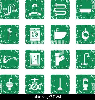 Plumbing icons set in grunge style green isolated vector illustration Stock Vector