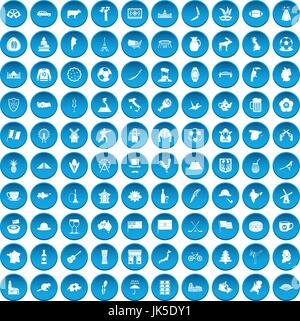 100 map icons set in blue circle isolated on white vector illustration Stock Vector