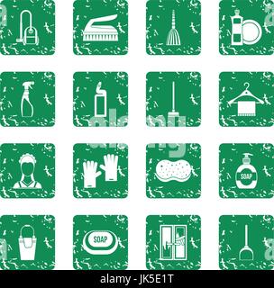 House cleaning icons set in grunge style green isolated vector illustration Stock Vector