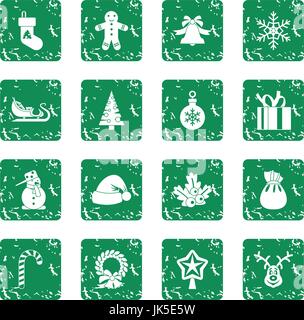 Christmas icons set in grunge style green isolated vector illustration Stock Vector