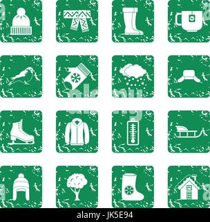Winter icons set in grunge style green isolated vector illustration Stock Vector