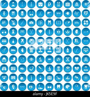 100 medical icons set in blue circle isolated on white vector illustration Stock Vector