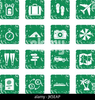 Travel icons set in grunge style green isolated vector illustration Stock Vector