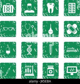 Medicine icons set in grunge style green isolated vector illustration Stock Vector