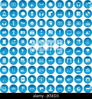 100 microphone icons set in blue circle isolated on white vector illustration Stock Vector