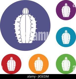 Blooming cactus icons set in flat circle red, blue and green color for web Stock Vector