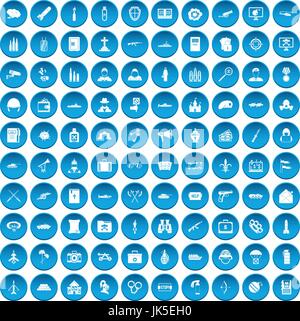 100 military icons set in blue circle isolated on white vector illustration Stock Vector