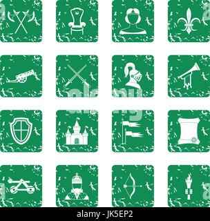 Knight medieval icons set in grunge style green isolated vector illustration Stock Vector