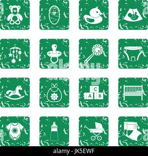 Newborn icons set in grunge style green isolated vector illustration Stock Vector