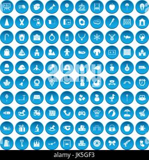 100 nursery school icons set blue Stock Vector