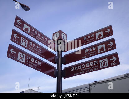 Nara, Japan - Nov 25, 2016. Sign boards at downtown in Nara, Japan. Nara is second only to Kyoto as the richest collection of traditional sites in Jap Stock Photo